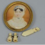 A 19thC miniature, painted in the form of a lady wearing a bonnet with a blue ribbon and lace