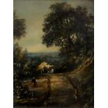 19thC British School. Woodland track with figures and cart, oil on panel, 12cm x 10cm