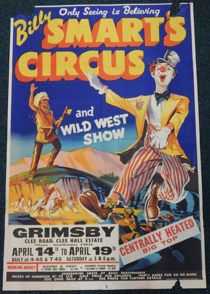 A Billy Smart's Circus and Wild West Show poster, for Clee Road, Clee Hall Estate, Grimsby,