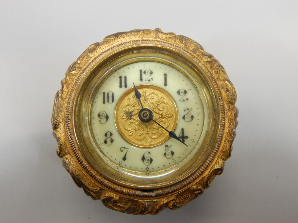 A late 19th/early 20thC French style gilt metal table clock, the enamel style dial with Arabic - Image 2 of 3