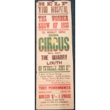 A 1933 Wembley Empire Colossal Circus poster, for the Quarry, Louth on June 15th, printed by T E