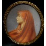 19thC Continental School. Woman in red shawl, punting, miniature, indistinctly signed, 6cm x 5cm