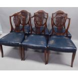 A set of six 19thC mahogany dining chairs, each with a pierced shield shaped back, a blue rexcine