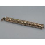 A 9ct gold propelling pencil, made by Samson and Morden, engraved with scrolls, etc.