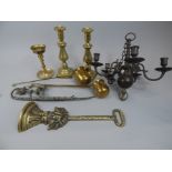 Various items of metalware, to include a brass five branch chandelier, a door stop, two Middle