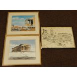 20thC Greek School. The Parthenon, watercolour, bearing monogram, 24cm x 30cm, another similar