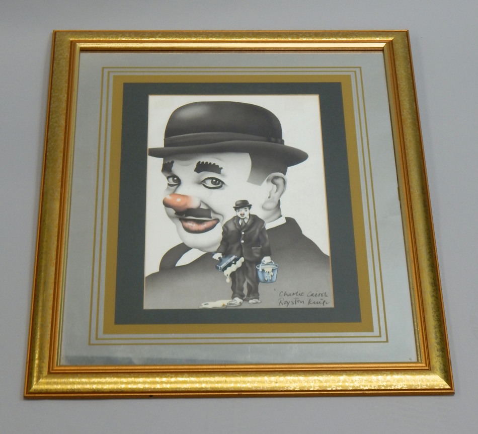 After Royston Knipe, portrait of the circus clown Charlie Cairoli, with a mirrored mount and gilt