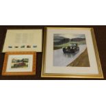 A framed set of five stamps, relating to Malcolm Campbell and Donald Campbell, a print signed W R