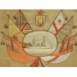 A late 19thC embroidered ship picture, decorated centrally with HMS Grafton, flags, and bearing