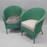 A green painted Lloyd Loom tub chair, with a sprung cushion, and another similar.