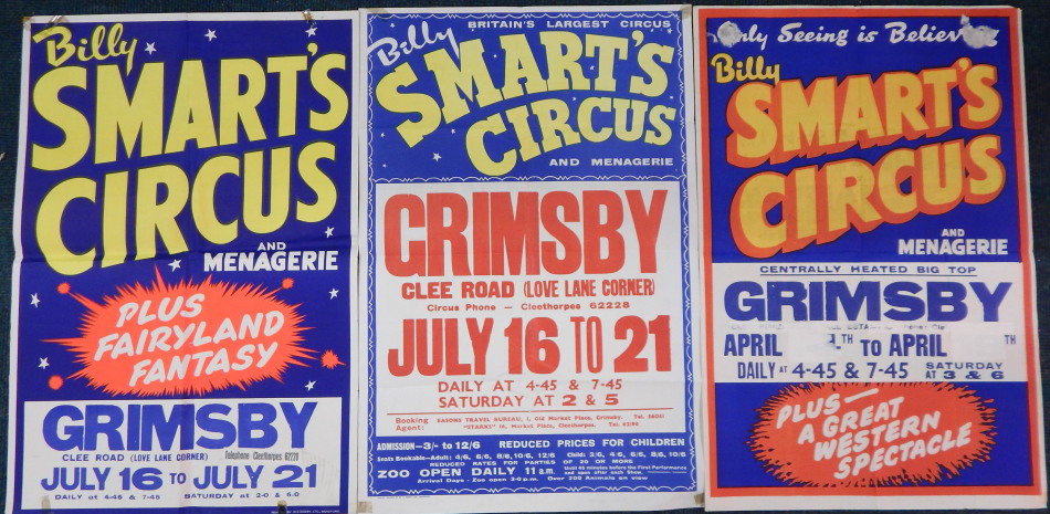 Three Billy Smart's Circus posters, for Grimsby, 51cm x 76cm.