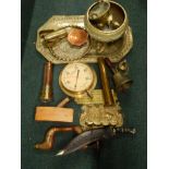 Various brassware, to include bell, shell cases, hand bell, other metalware, Eastern, brass tray,