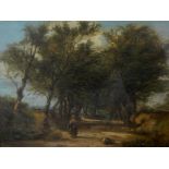 19thC Continental School. Figures on a woodland path, oil on panel, 25cm x 30.5cm