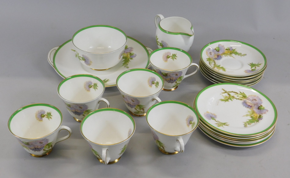 A Royal Doulton Glamis Thistle pattern part tea service, designed by P. Curnock, to include six cups