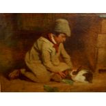 John Frederick I Herring (1795-1865). Young country boy feeding a rabbit, oil on canvas, signed,