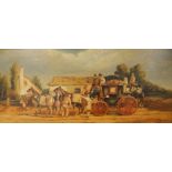 19thC British School. Stage coach and horses, oil on canvas, 15cm x 35.5cm