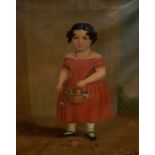 19thC British School. Portrait of a young girl holding a basket of roses, oil on canvas, 73cm x 60.