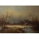 19th/20thC Dutch School. Winter scene, with figures skating on the river, oil on board, indistinctly