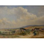 19th/20thC British School. Rural landscape with cottage and figures, oil on canvas, 31cm x 43.5cm