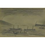 Laurence Stephen Lowry (1887-1976). Trawlers off the North East Coast, pencil signed, 8cm x 12cm,
