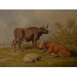 W T (19thC). Cattle and sheep, oil on board, initialled, 22cm x 29.5cm