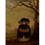 19thC British School. Young girl in coat and bonnet, with dog and red robin, oil on canvas, 76.5cm x