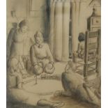 J. H. (20thC). Children playing with train set, pencil drawing, initialled, 18cm x 17cm, and two