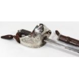 A George V cavalry officer's sword, with part etched Wilkinson silvered blade, leather scabbard