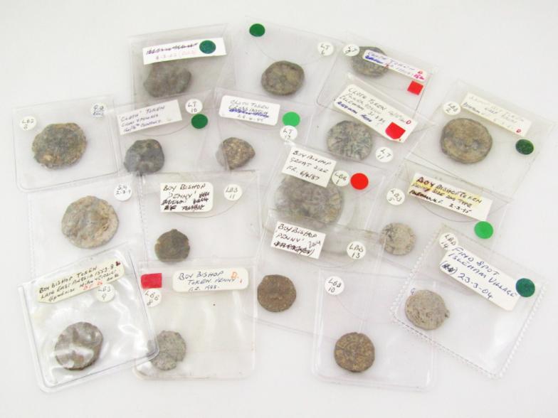 Various early tokens etc., to include cloth tokens, 14thC - 16thC token, Boy Bishop penny, coin