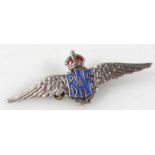 A 20thC RAF sweetheart brooch, with enamel lettering, plain pin back, white metal marked silver, 5cm