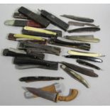 A small collection of antique cut throat razors, and a small Kris.