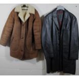 A fur lined suede finish Edmund style jacket, and a leather three quarter length jacket in black, (