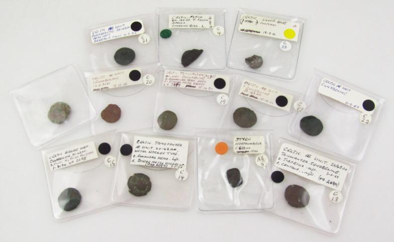 Various Celtic coins, bronze, low denomination, Cunobelin 20-43ad, with head left and centaur right,
