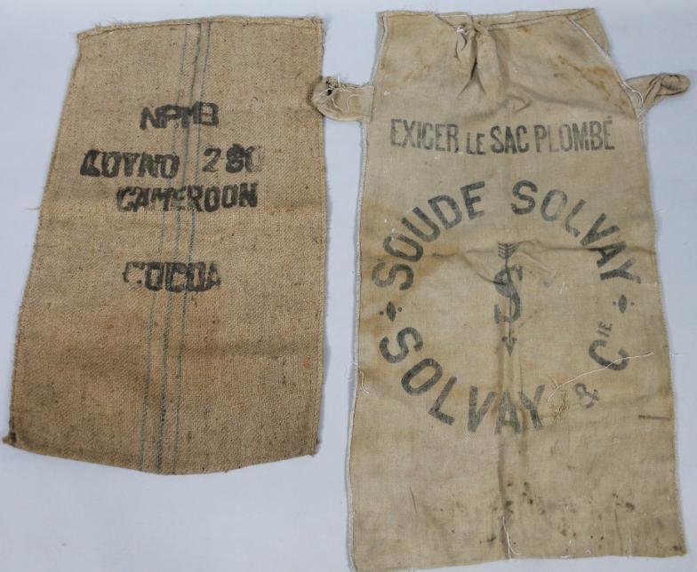 A hessian cocoa bean sack stamped Cameroon and another, various dimensions. (2)