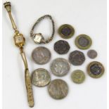 A Victorian half crown, 1887, other coins, modern low denomination fifty pence pieces, £2 coin,