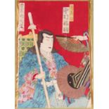 Kunichika (1835-1900). Fukusuke acting as Ninamoto, mixed media watercolour, part collage on