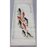 20thC School Chinese scroll, watercolour on paper, signed, in a part fitted box, 70cm wide.