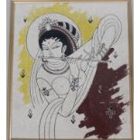 20thC Indian school. Figure playing flute semi-clad, print on material, in yellow red and black,