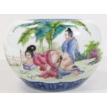 A Chinese porcelain erotic and documented bowl, Qianlong seal mark beneath, of circular compressed