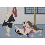 20thC Japanese School. Erotic interior scene in colours, woodblock print, 17cm x 23cm.