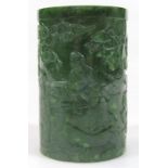 A 20thC Chinese spinach jade brush pot, of cylindrical outline, carved and polished with various