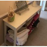 A modern white painted two drawer side table, mirror and rack, (3)