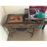 An oak framed table, hardwood coffee table, bamboo rack (3).