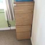 Three light oak desk pedestals, a computer workstation, and an office chair, (5).