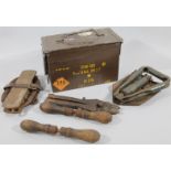 Various army related items, to include a folding metal spade, ammunition crate, 19cm high, 28cm