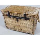 A wicker basket hamper, with heavy metal articulated lock, stamped Sunderland Bendinst 1937, 52cm