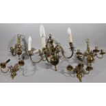 Various brass wall hangings, chandelier, sconces, etc. (a quantity)