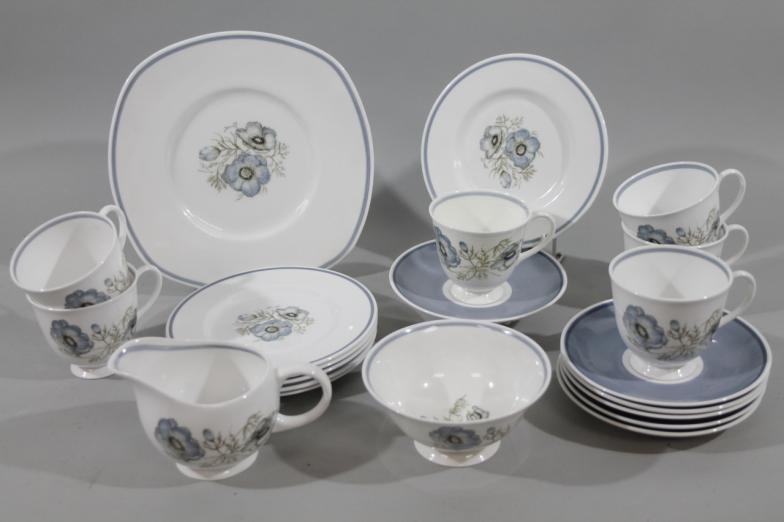 A Susie Cooper Glen Mist bone china part service, comprising six cups, 5cm high, saucers and side