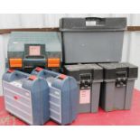 Two GVZ plastic heavy duty tool or travelling boxes, 39cm high, and five various others. (7, all