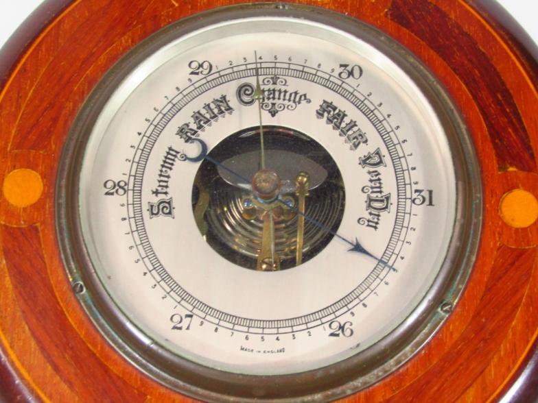 An early 20thC mahogany and marquetry circular hanging barometer, with 14cm diameter dial and - Image 2 of 3